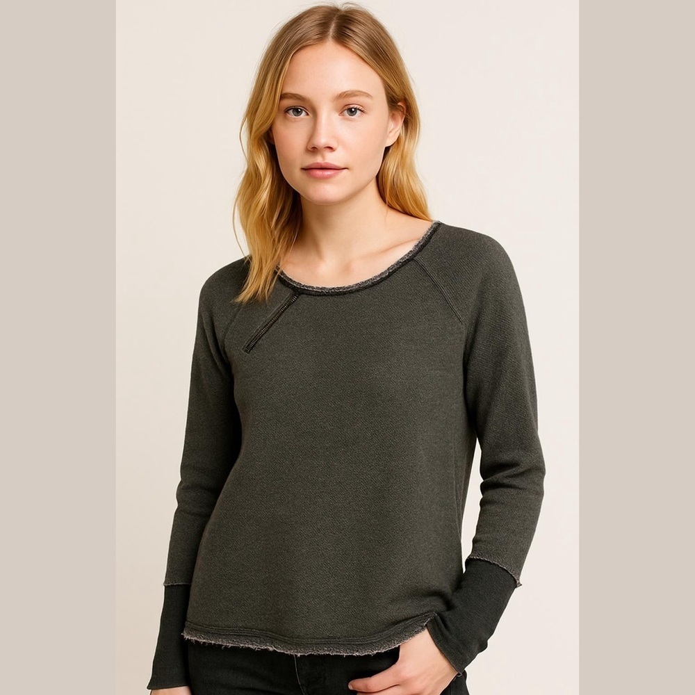 Peace Love World French Terry Shirt Olive Green Sz XS Long Sleeve Raw  Edges NEW